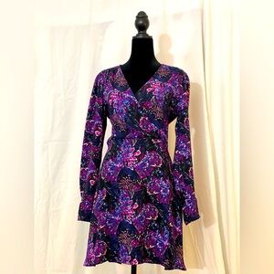 Charles Henry purple feather flirty long sleeve v-neck faux wrap dress M